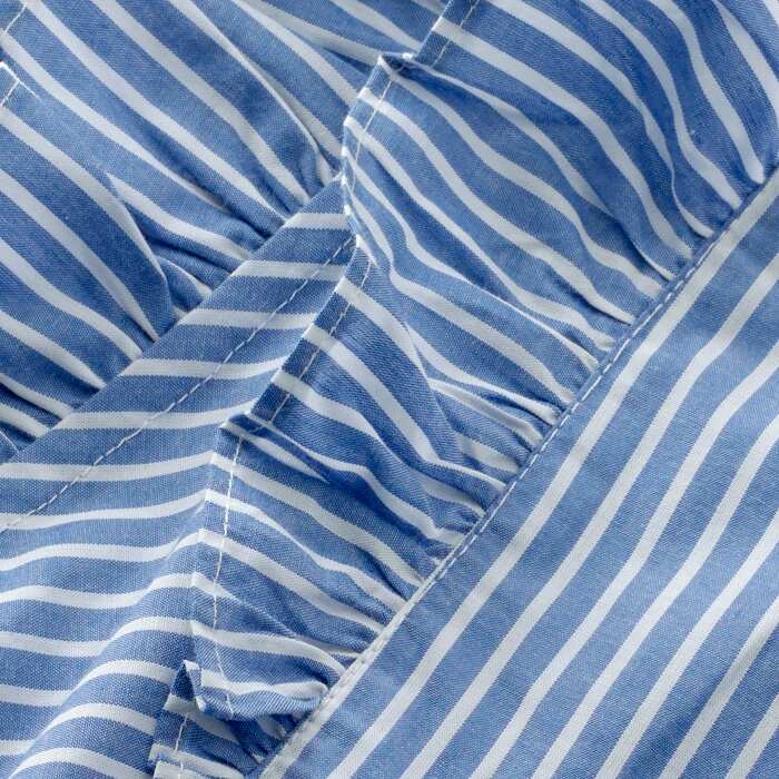 100% cotton, this supersoft lightweight fabric features a pale blue and soft white woven stripe. Supremely soft and breathable next to your skin.