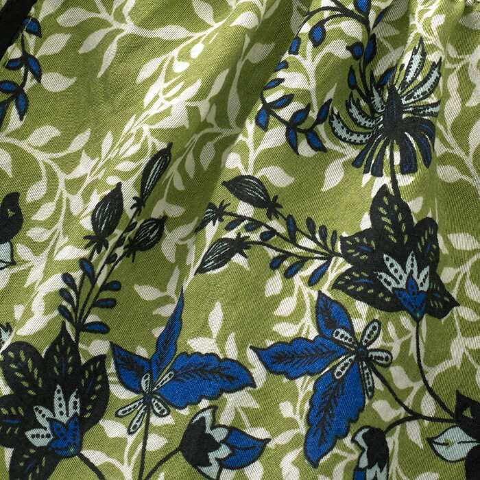 Our Meadow Floral print combines an olive base with highlights of blue and black for easy styling.