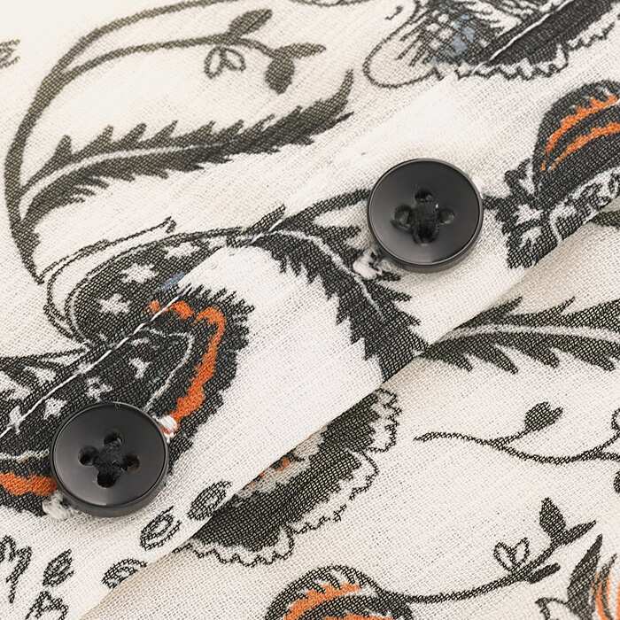 Featuring our bespoke Jacobean print in neutral tones, this crinkle fabric has depth and texture. Breathable next to skin, this style features modern black buttons. 