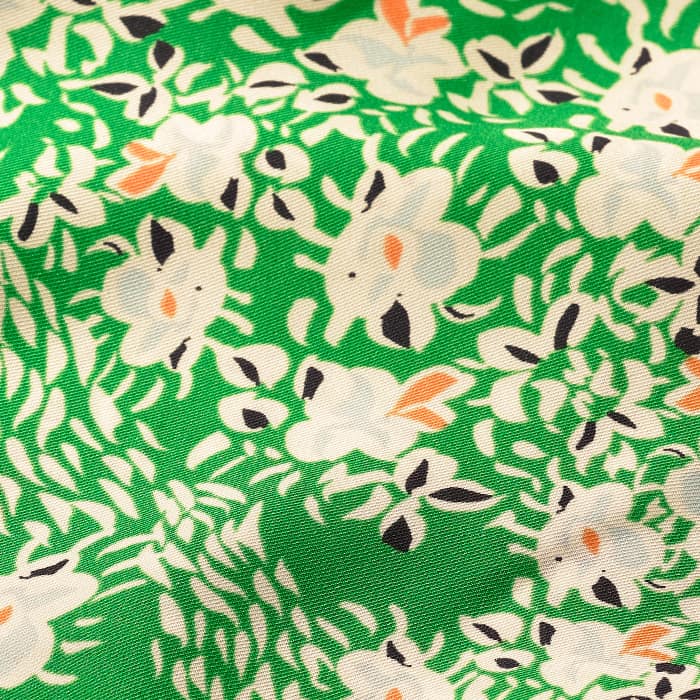 Crafted from recycled-blend satin with a soft twill and shine finish. This super-soft fabric beautifully enchances the vibrant Kyoto Garden print that was designed in our London studio. We have incorporated black into this print for easy styling.