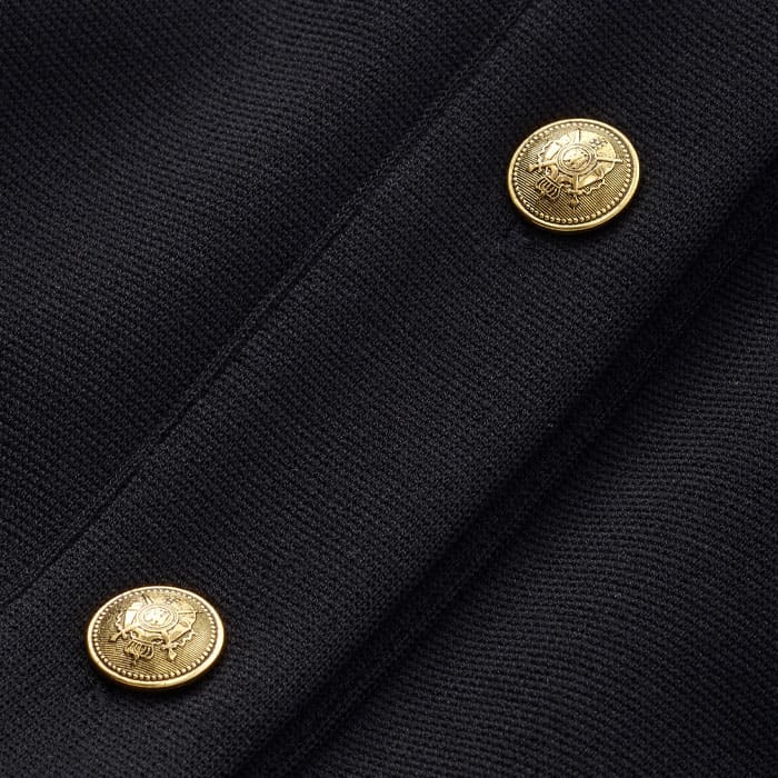 Crafted from smart black ponte fabric that looks like tailoring with the comfort of wearing jersey. Authentic military-style buttons make this a perfect AM-PM style.