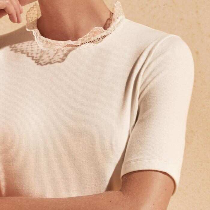 A standing lace trim at the neck is a feminine detail that will refresh staple knitwear when used as a layering piece.